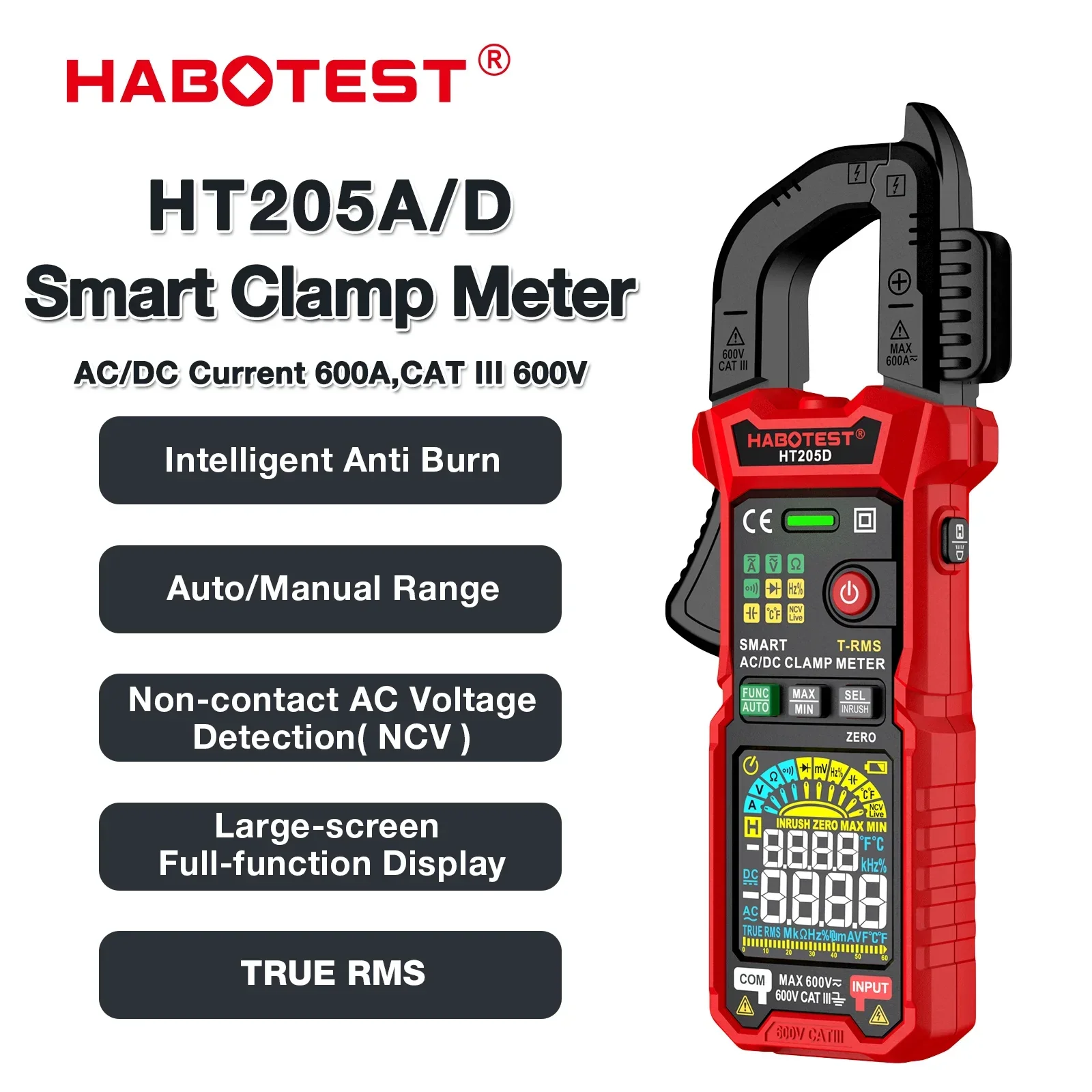 HABOTEST HT205 Clamp Meter Auto Range True RMS NCV DC AC Voltage Inrush Current Temperature Tester Automatic Voltmeter