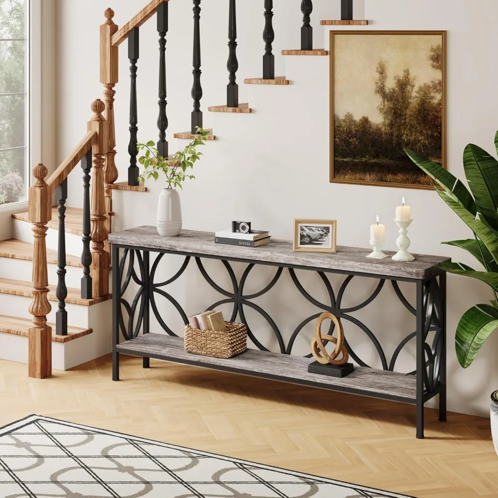 طاولة أريكة صناعية مقاس 70.9 بوصة، طاولة وحدة تحكم ضيقة من طبقتين مع مساحة تخزين لغرفة المعيشة، المدخل، الممر، رمادي عتيق #4