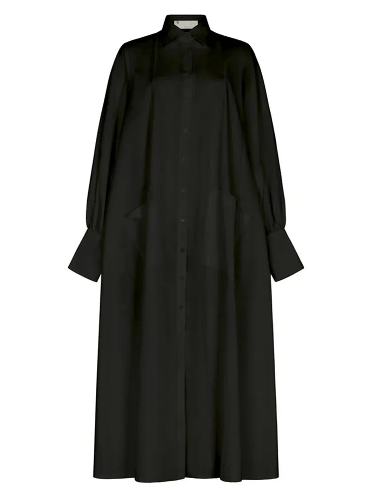 Robe chemise décontractée à manches longues pour femmes, col rabattu, boutonnage simple, poche boutonnée, fendue, robe de soirée maxi, vêtements monochromes, adt