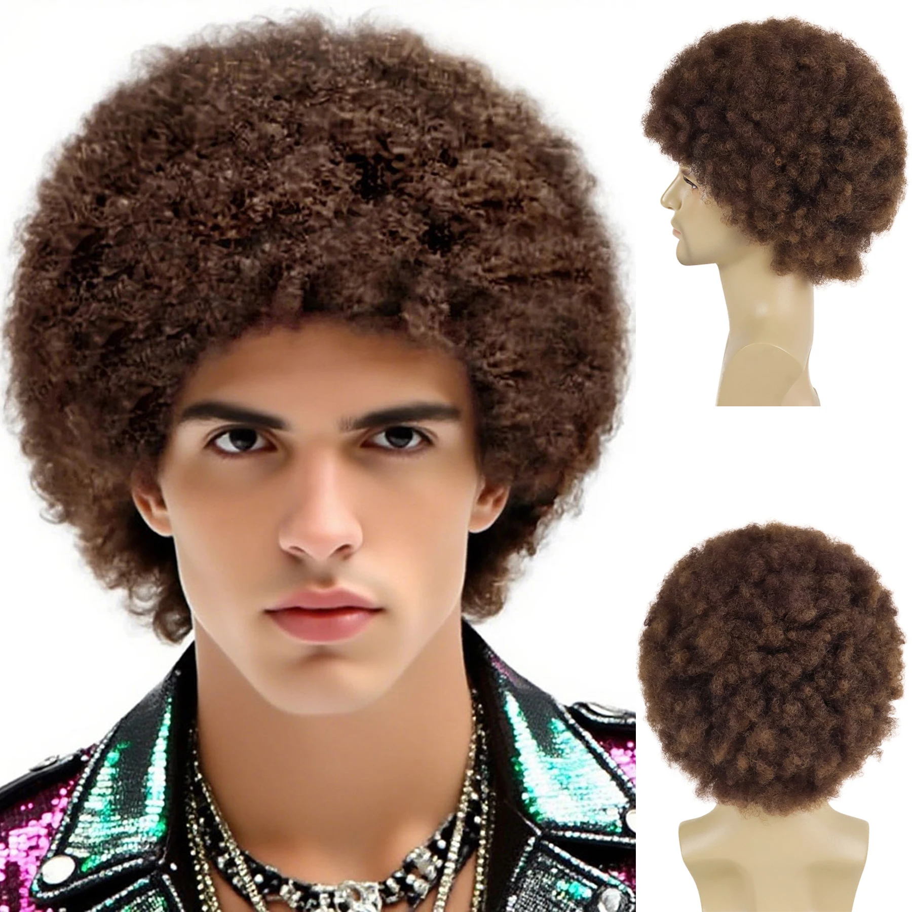 

Пушистый афро-диско-парик Синтетические волосы Короткие коричневые вьющиеся парики для мужчин Beatles Термостойкий повседневный костюм для косплея Парик с кепкой