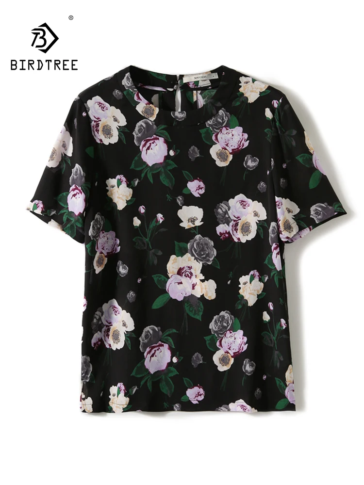 BirdTree, 100%Mulberry Silk Elegant T-Shirts, Women Short Sleeve Floral, French Retro Commute Tee, 2024 Summer Autumn T48665QC