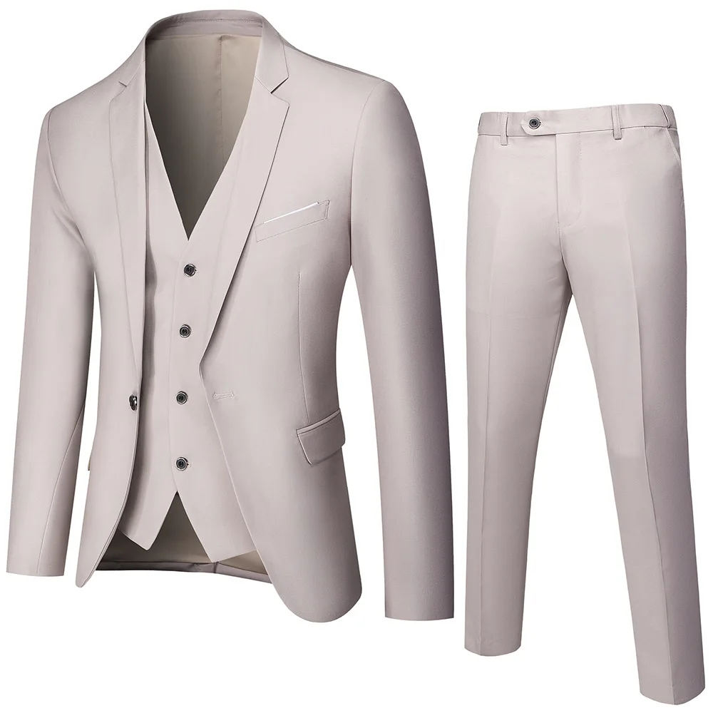 Single Breasted Vest Men Blazer Single Button Suits Jacket Business Ankle Length Straight Pants Three Pieces Solid Pockets