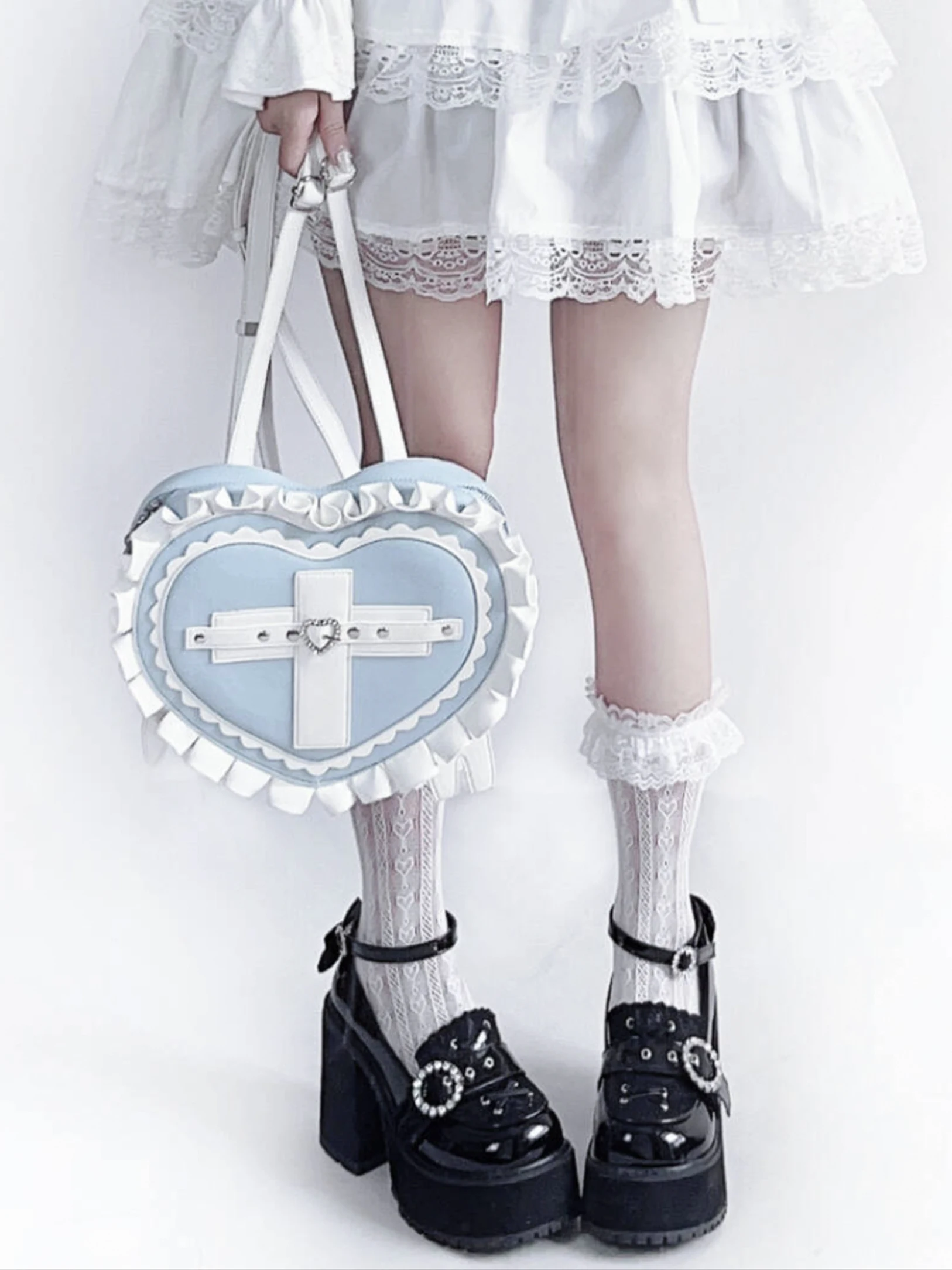

Oxygen La Outer Space Pray Feather Patchwork Color Cross Heart Wings Double oulder Bag PU Material Lolita Bag