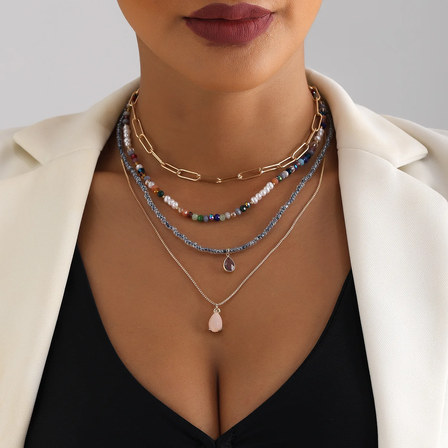 

n Color Blo Beaded Multi-Layer Handwoven Nelace Women's Faion Jewelry Cross-Border Lobone Chain Alloy Pendant