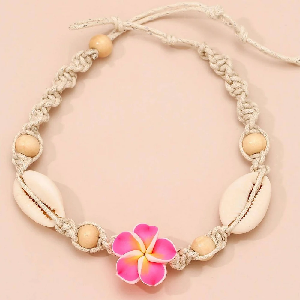 Neon Pink Color Flower Shell String Weaving Handmade Anklet Starfish Shell Turtle Charm Adjustable Anklet Summer Beach Jewelry