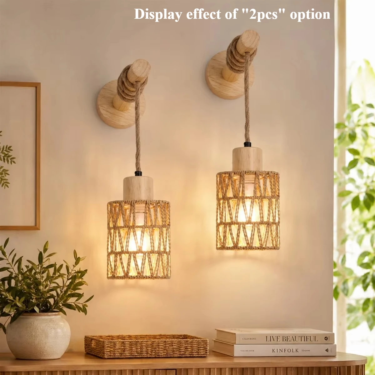 JOYINLED Boho Wall Sconces Set of 1/2 Hardwired Rattan Woven Basket Lamp Shades E26/E27 Rustic Wood Base Sconce Lighting Fixture