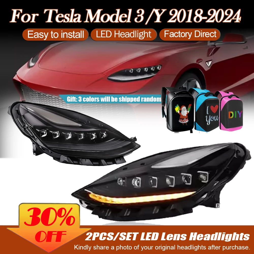 LED Headlight Assembly for Tesla Model 3 Model Y 2018-2024 Modified Lens Daytime Running Light Turn Signal Lamp Hight Low Beam