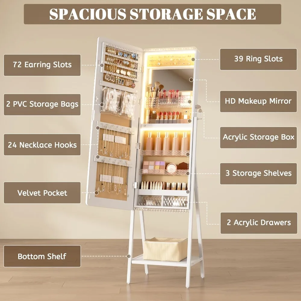 Upright LED Jewelry Mirror Cabinet with Full-Length Reflection and Lockable Storage