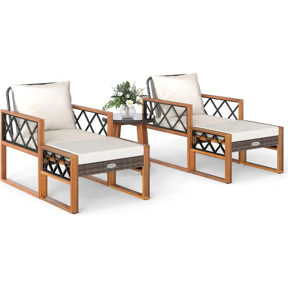 

Набор мебели для патио из 5 предметов с мягкими стульями из ротангового дерева акации, пуфиками и двухуровневым столиком для сада, крыльца,