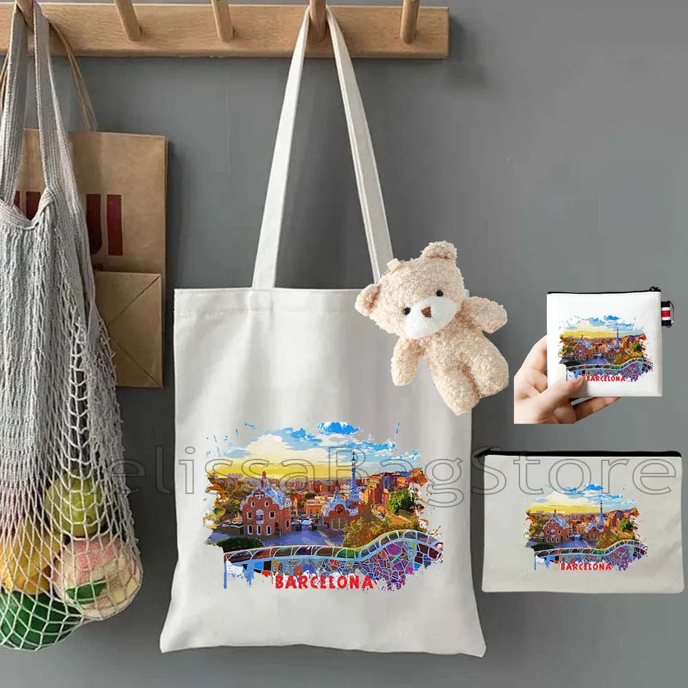 4PCS Gifts Set Barcelona Spain White Canvas Tote Bag Handbag with Doll Key Coin Purse Cosmetic Makeup Toilet Bag Case Pouch