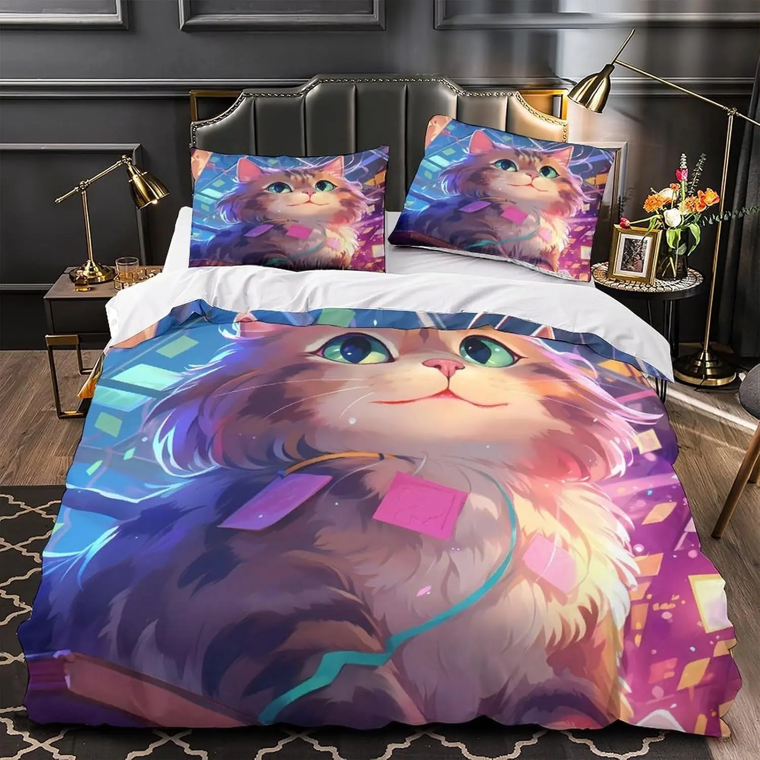 Cute Cat Anime Quilt Cover 135x200cm With 1 Pillowcase Digital Vibrant Comforter Cover 3D Cartoon Bedding
