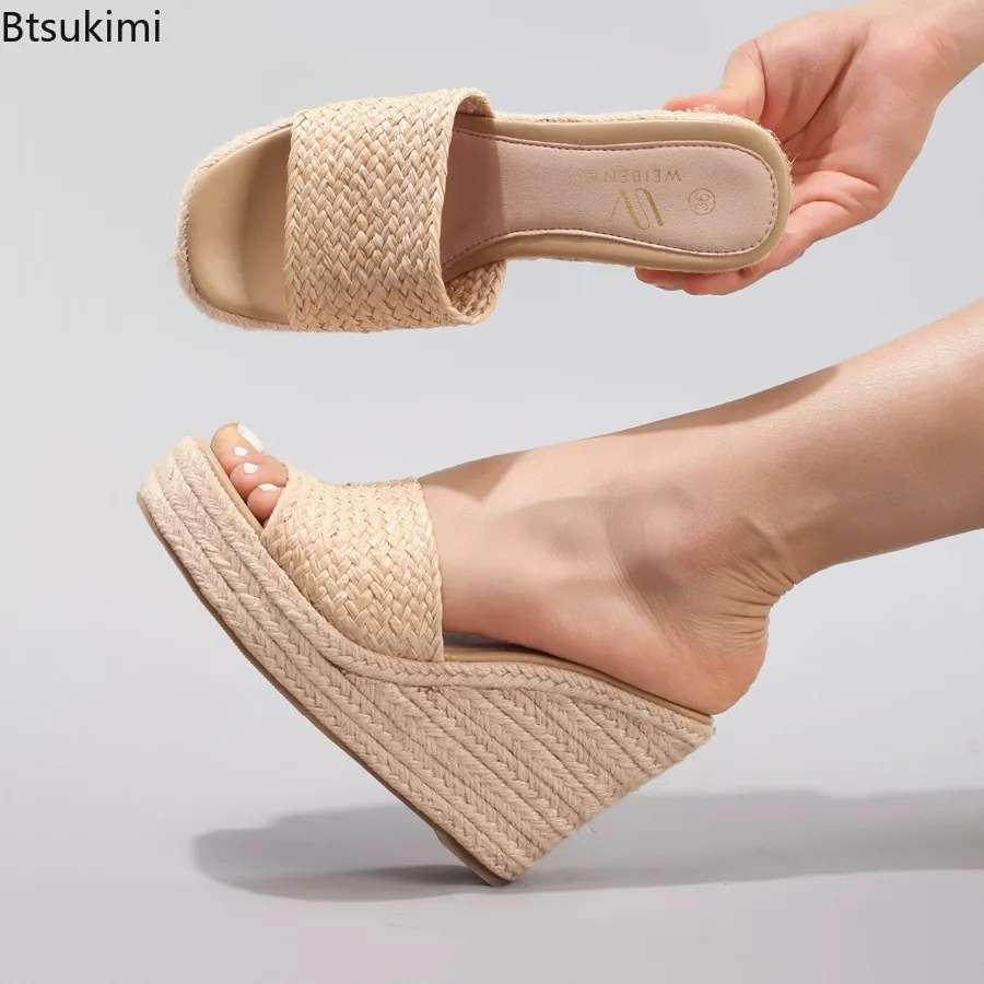 

2025 Women's Hemp Rope Wedge Heel Thick-Soled Sandals Woven Straw Rope One-Strap Summer Waterproof Platform High Heels Females