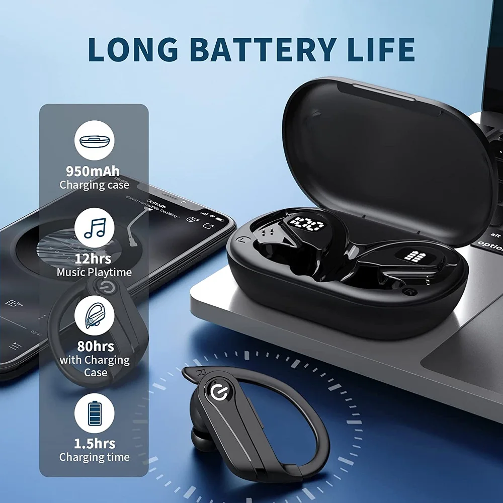 سماعات الرياضة ، بلوتوث 5.3 سماعة أذن داخلية مع هوك ستيريو CVC 8.0 إلغاء الضوضاء سماعات ، IPX7 مقاوم للماء للرياضة