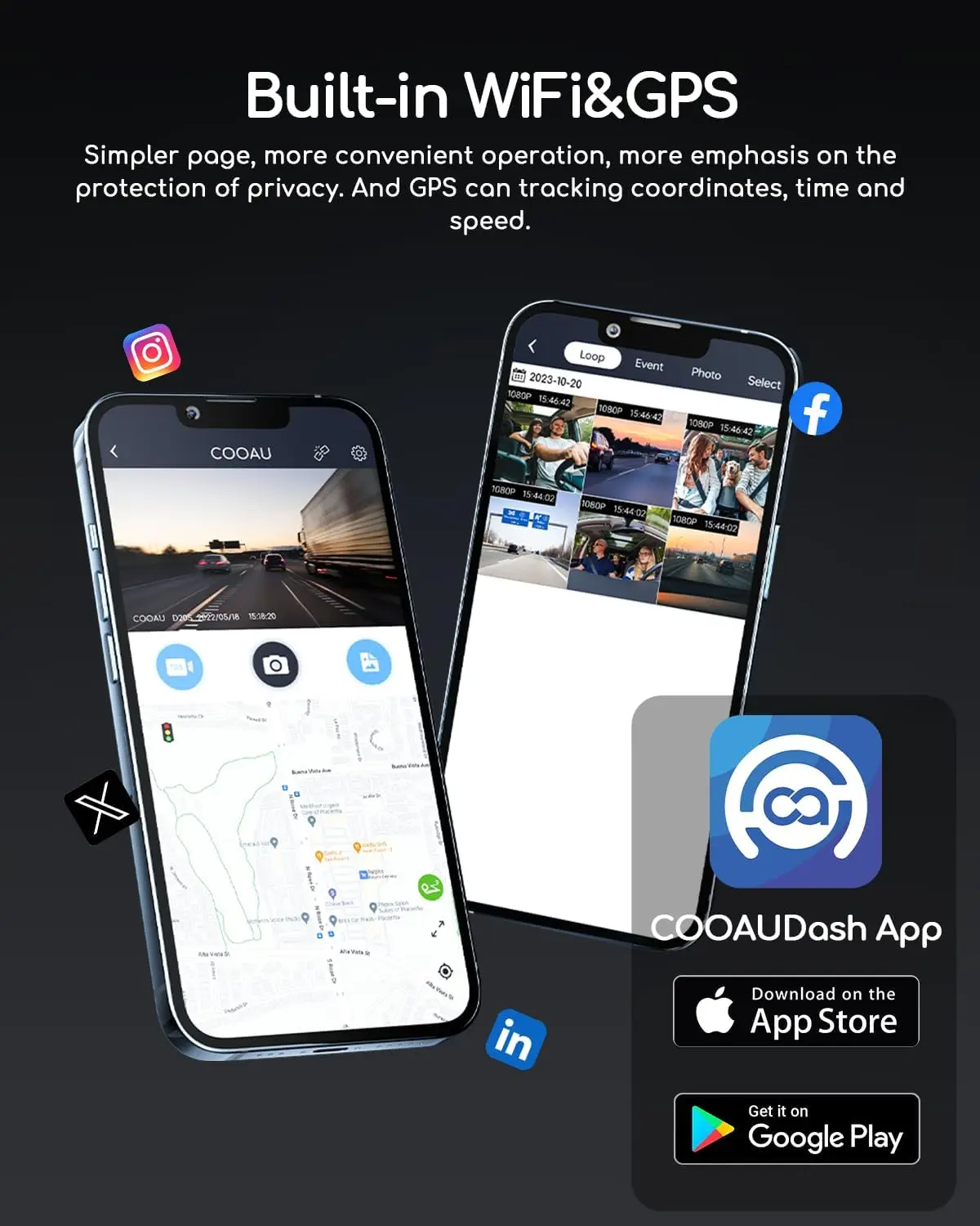 كاميرا داش مزدوجة 4K مع نظام تحديد المواقع العالمي (GPS)، واي فاي، رؤية ليلية، وضع ركن السيارة، تسجيل حلقي، تدعم 256 جيجابايت