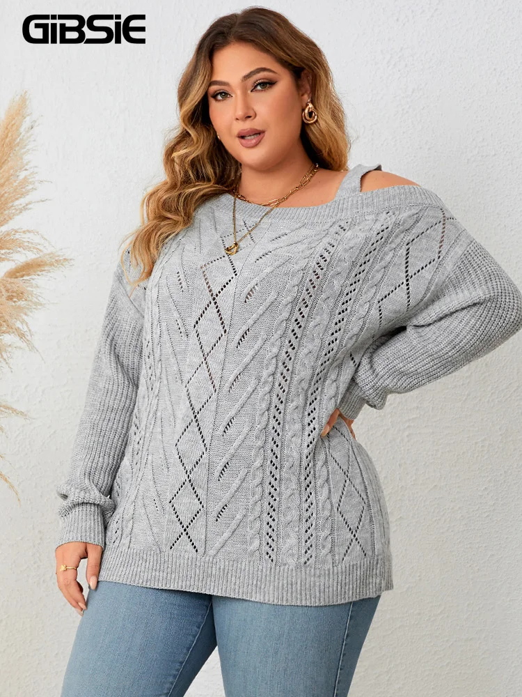 GIBSIE Plus Size Off Shoulder Long Sleeve Sweaters Women New Fashion Loose Asymmetrical Neck Knitted Jumper Tops 2023 Winter