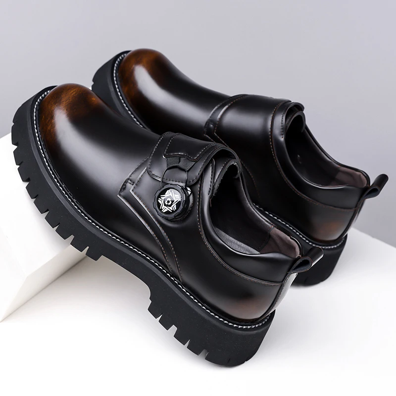 New Rotating Buckle Men Thick Soled Derby Shoes Gradient Color Anti Slip Gear Sole Youth Fashionable Height Increasing Shoes