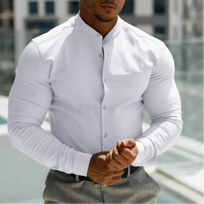 Sports Muscle Men Basic White Shirt Solid Stand Neck British Business Social Streetwear Fashion Versatile Casual Long Sleeve Top