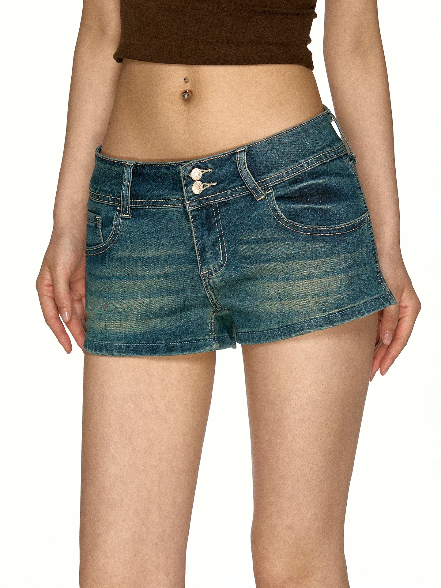 Aaisup Low Waist Retro American Denim Shorts Women's Summer Double Buckle Slimming Elastic Fitting Hot Pants Sexy Girl Style