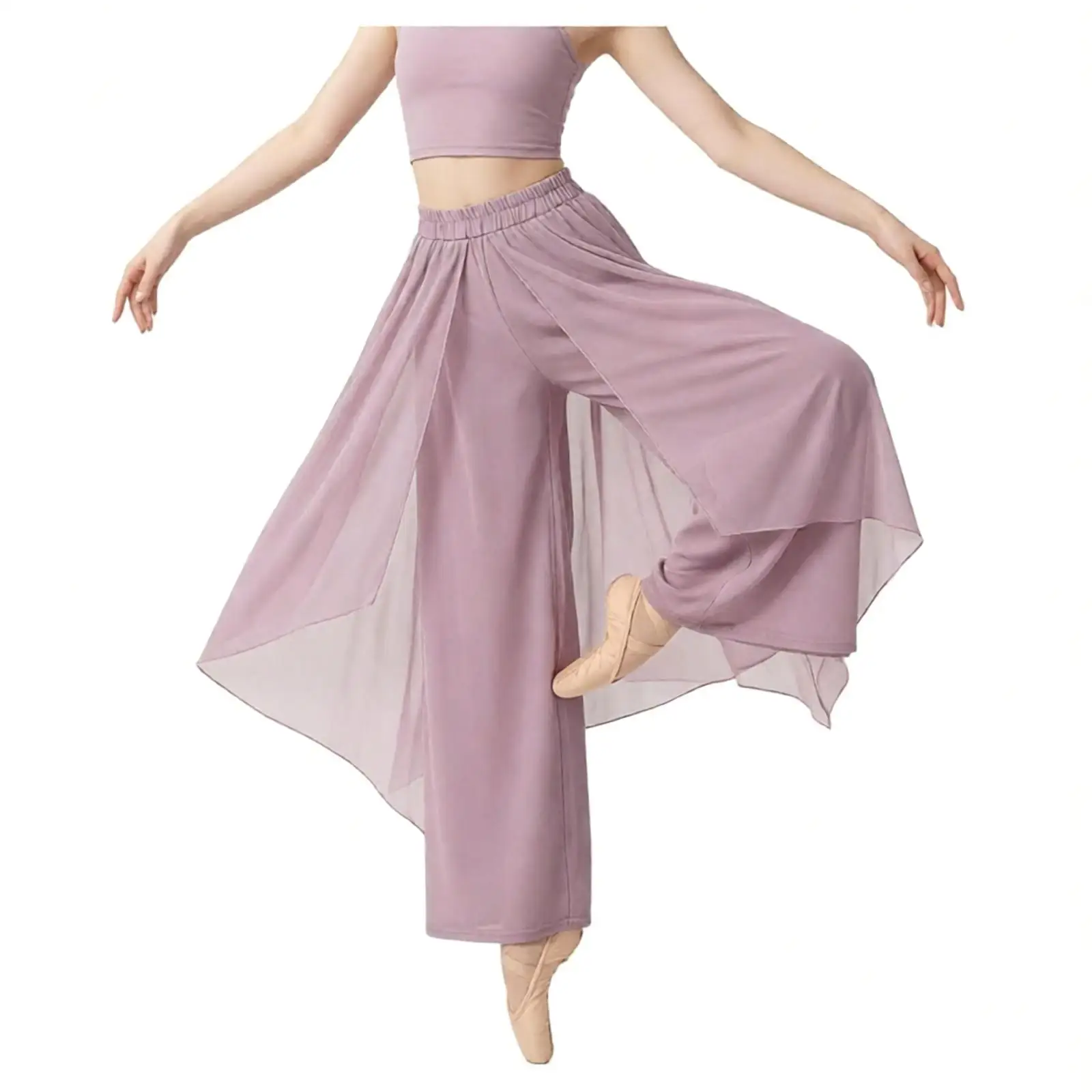 Women Classical Dance Culotte Two-layer Mesh Spliced Flowing Wide-leg Pants Elegant Chinese Dance Modern Dance Straight Trousers