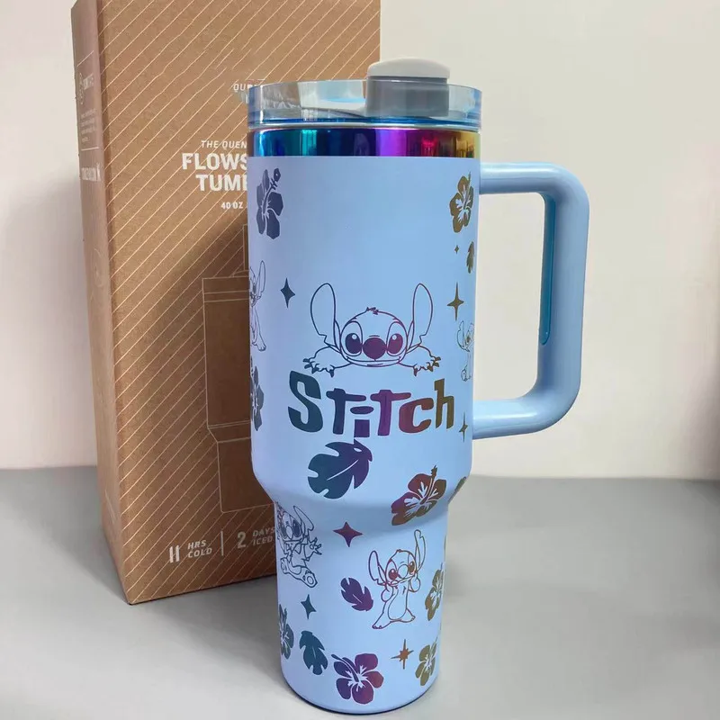 Kawaii ديزني غرزة 40 أوقية 304 طبلة فولاذية نوع Tibial محرك كوب معزول مع القش وغطاء ، سعة كبيرة كوب سيارة هدية #2