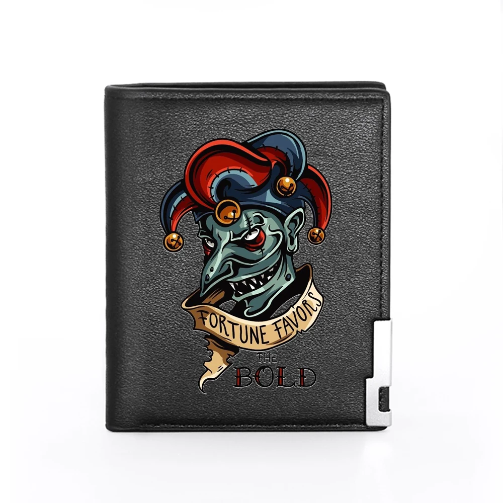 New Arrivals Fortune Favors the Bold Joker Printing Pu Leather Wallet Men Women Billfold Credit Card Holders Short Purses