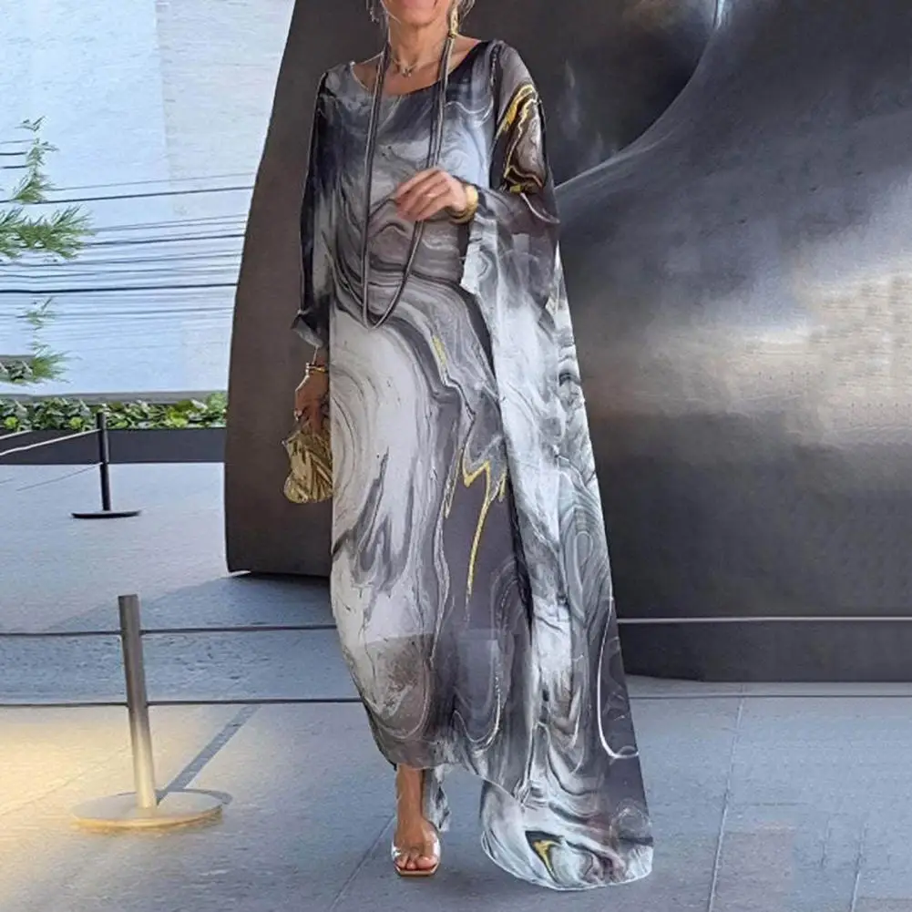 

Retro Style Dress Stylish Women's Double-layered Marble Texture Maxi Dress Flowy Irregular Bat Sleeves Ankle Length Casual