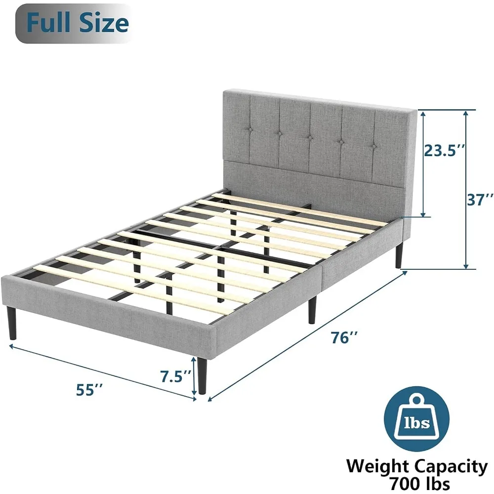 إطار سرير منجد من القماش ، لوح أمامي معنقد ، أساس المرتبة ، دعامة شريحة خشبية معدنية ، الحجم الكامل