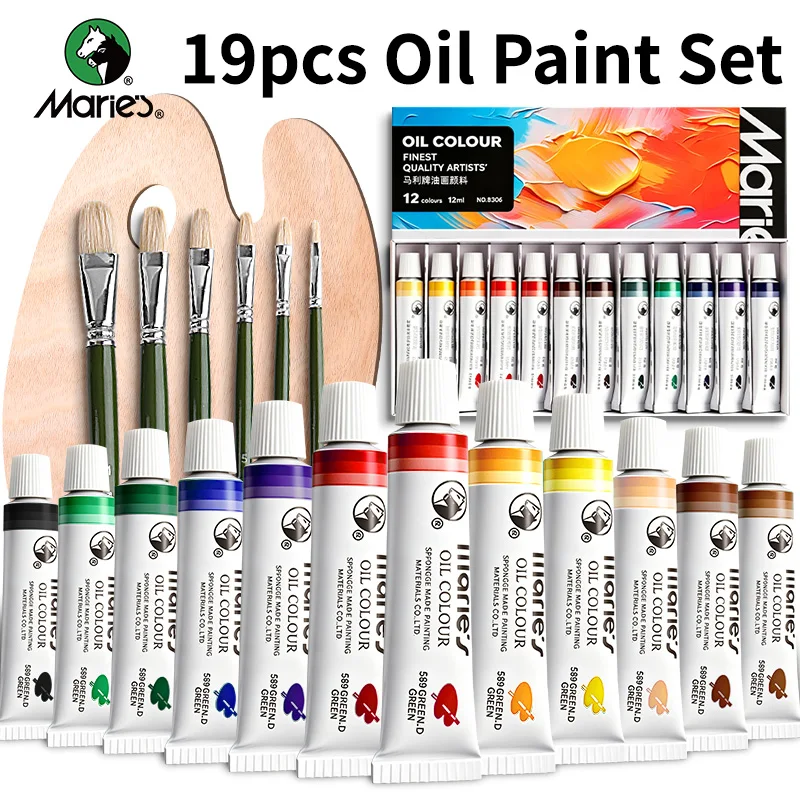 Marie's 19pcs Oil Paint Set, 12 Vibrant Colors(12ml/0.4oz Tubes), 6pcs Paint Brushes, 1pc Wooden Palette, for Artist & Hobbyists