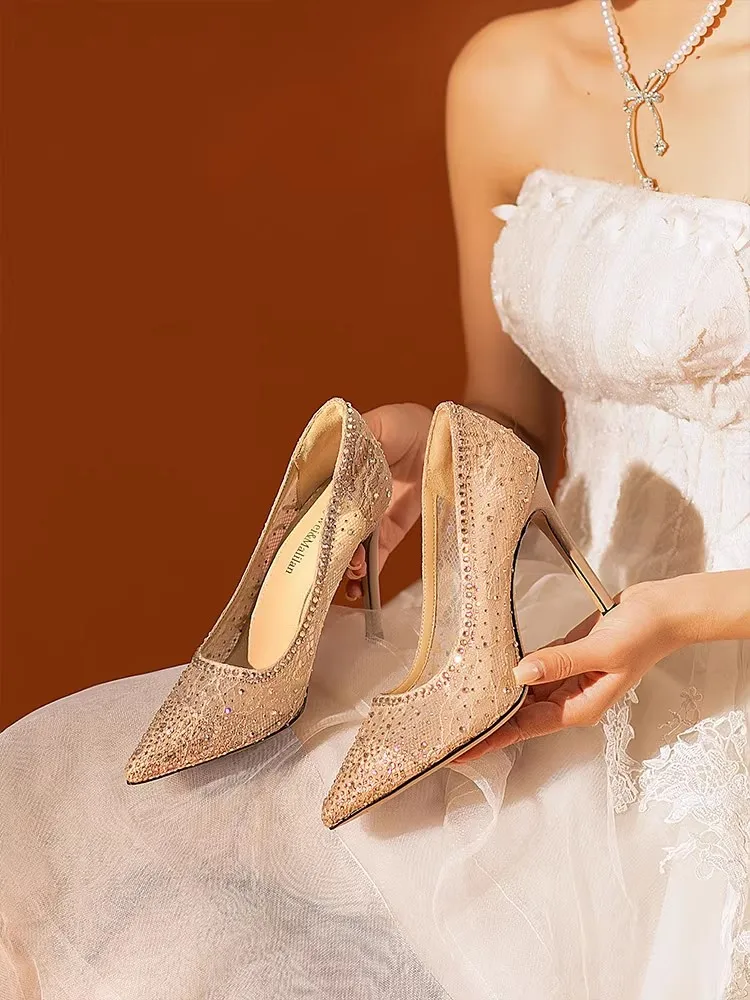 

Thin high-heeled wedding shoes spring shallow mesh rhinestone shoes banquet large size small size waterproof platform women shoe