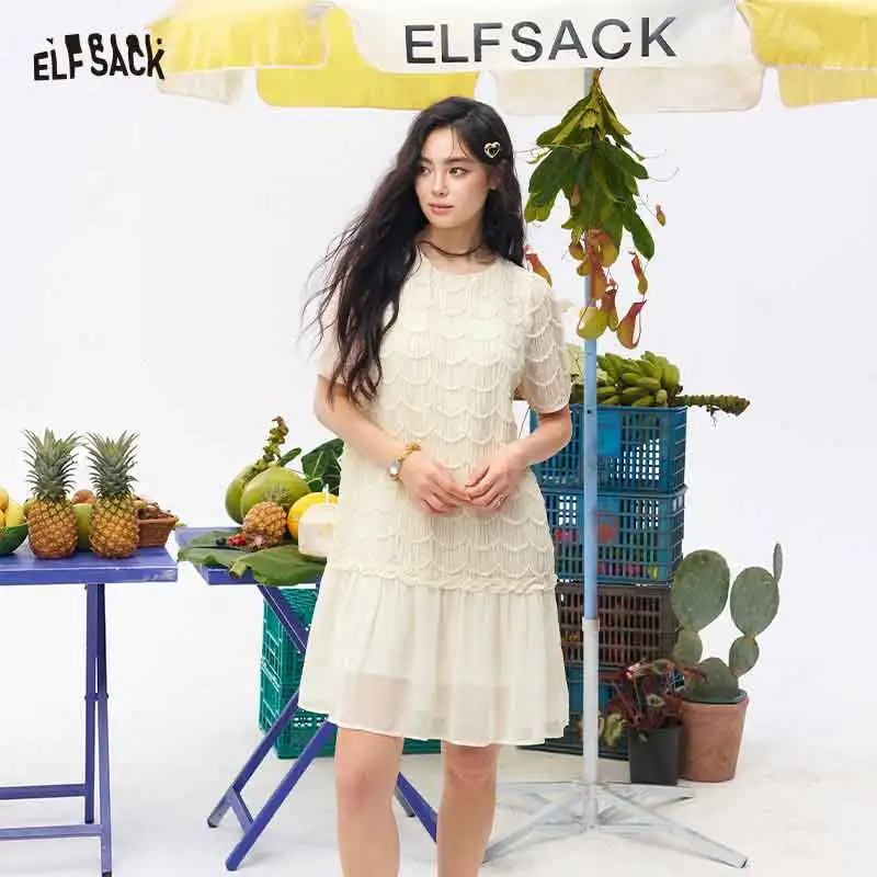 

ELFSACK Scalloped Lace Short Sleeve Mini Dress, Ruffled Hem Loose Shift Dress, Elegant Daily Party Outfit for Women
