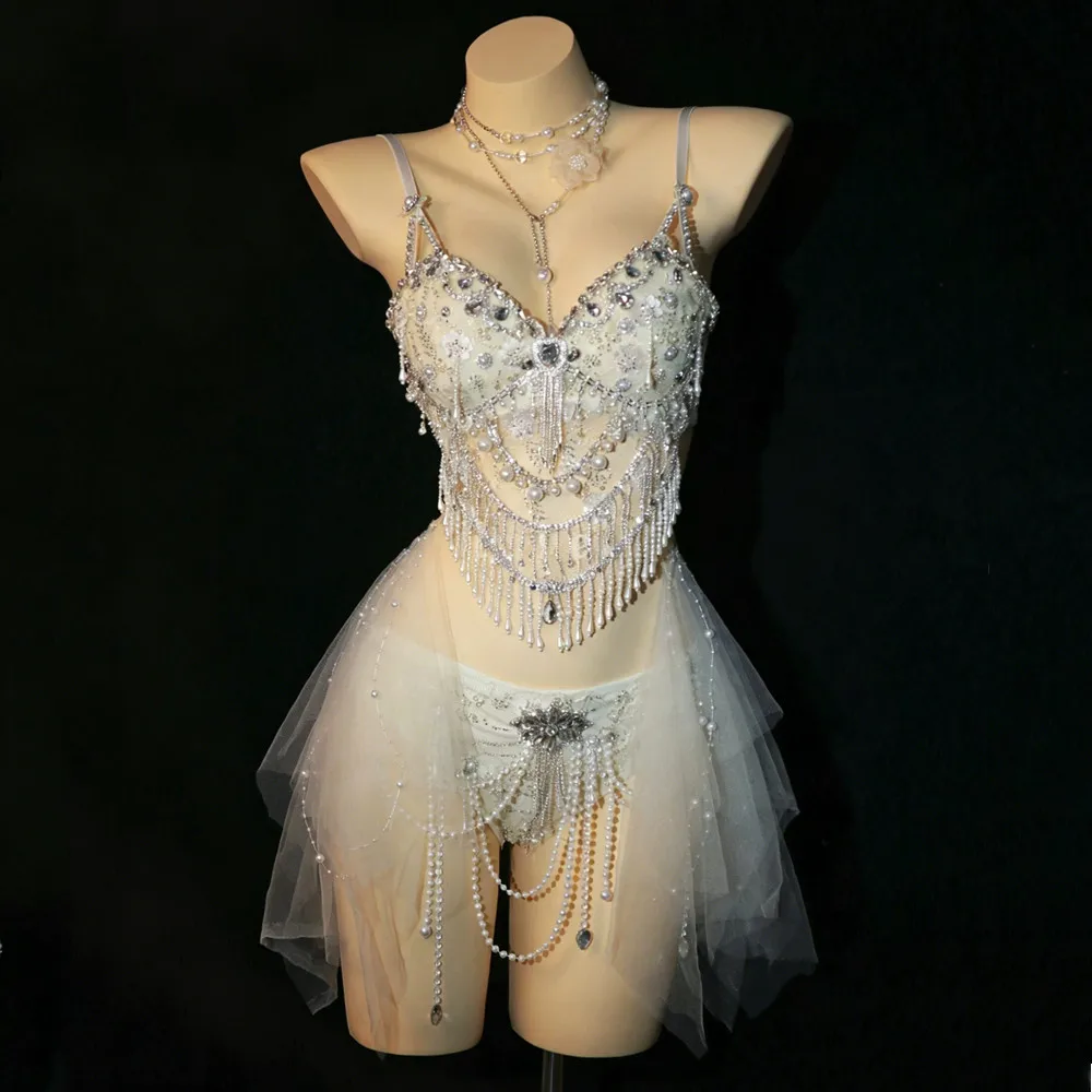 White Rhinestone Pearl Chain Bikini Rave Outfit Women 2 Piece Mesh Skirt Music Festival Costume Bar Nightclub Stage Performance view 2