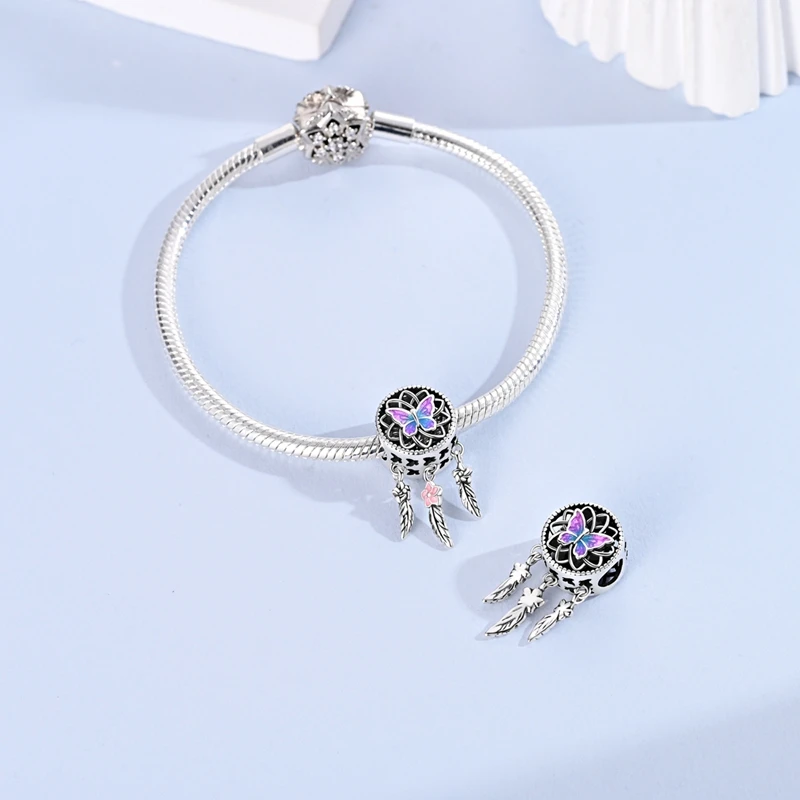Popular 925 Sterling Silver Butterfly Dreamcatcher Charms Bead Fit Original Bracelet DIY Women Wedding Jewelry Gift
