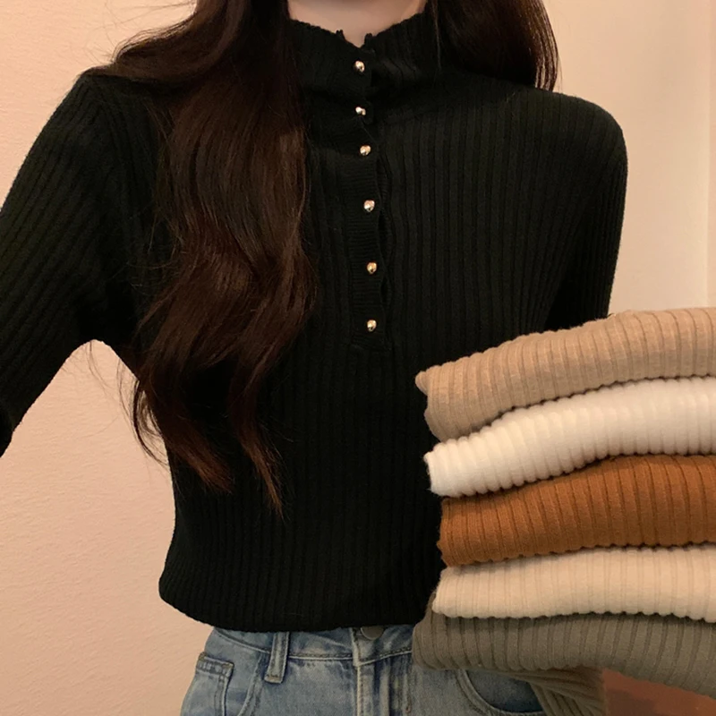 

Autumn Winter Slim Bottoming Knitshirts Women Half High Collar Long Sleeve Pullover Sweater Solid Color Female Knitted Tops