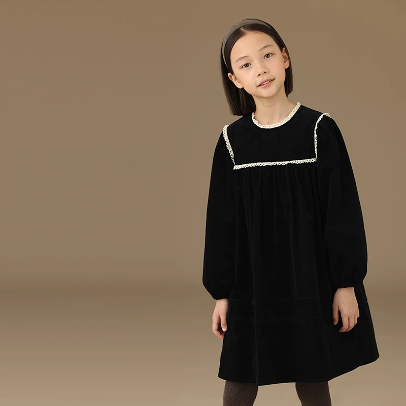 Female Child Clothes Fashion Girls Dresses Birthday 2024 Winter New Retro Black Velvet Princess Sailor Collar Baby Long-sleeved