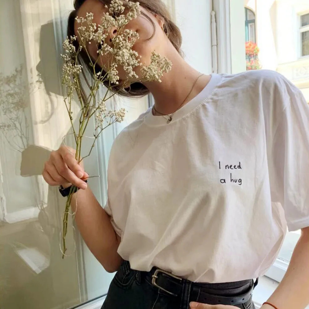 I Need A Hug Letters Embroidered White Cotton T Shirts Unisex Men Women Loose Casual Summer Outfits Street Fashion Slogan Tees