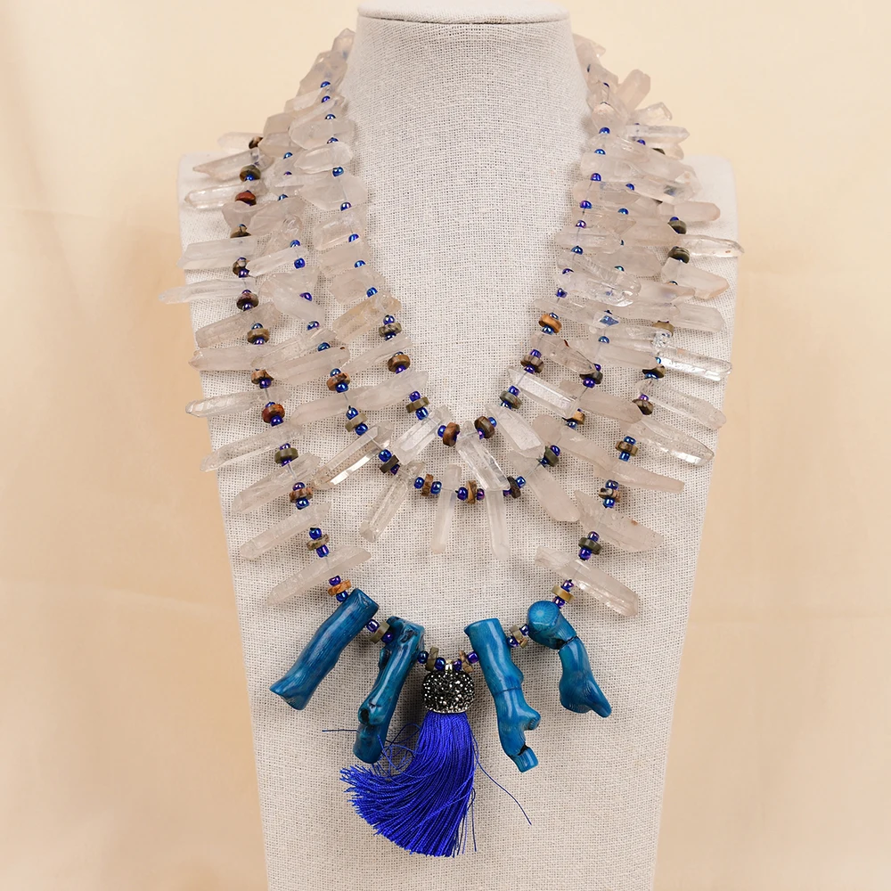 APDGG NO64 Handmade 3 Rows Natural Mix Stone Clear Quartz Blue Coral Gems Multi Strands Necklace