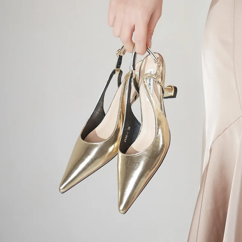 

Patent leather pointed new metal empty sandals thin heel professional commuter word belt women's high shoes