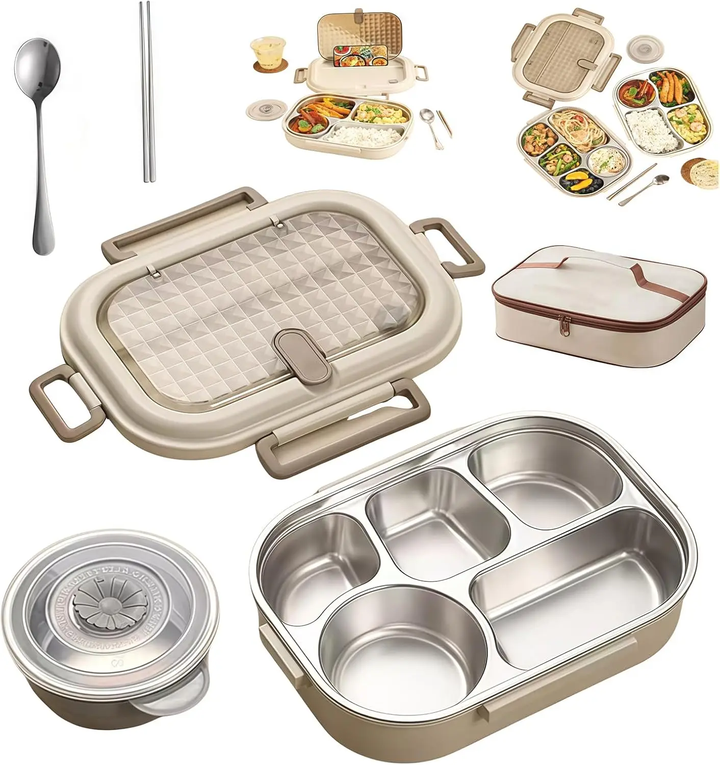 

Large Leakproof Food Container with Soup Bowl & Utensils - 5 Compartments, 2000ml Capacity for Meal Prep