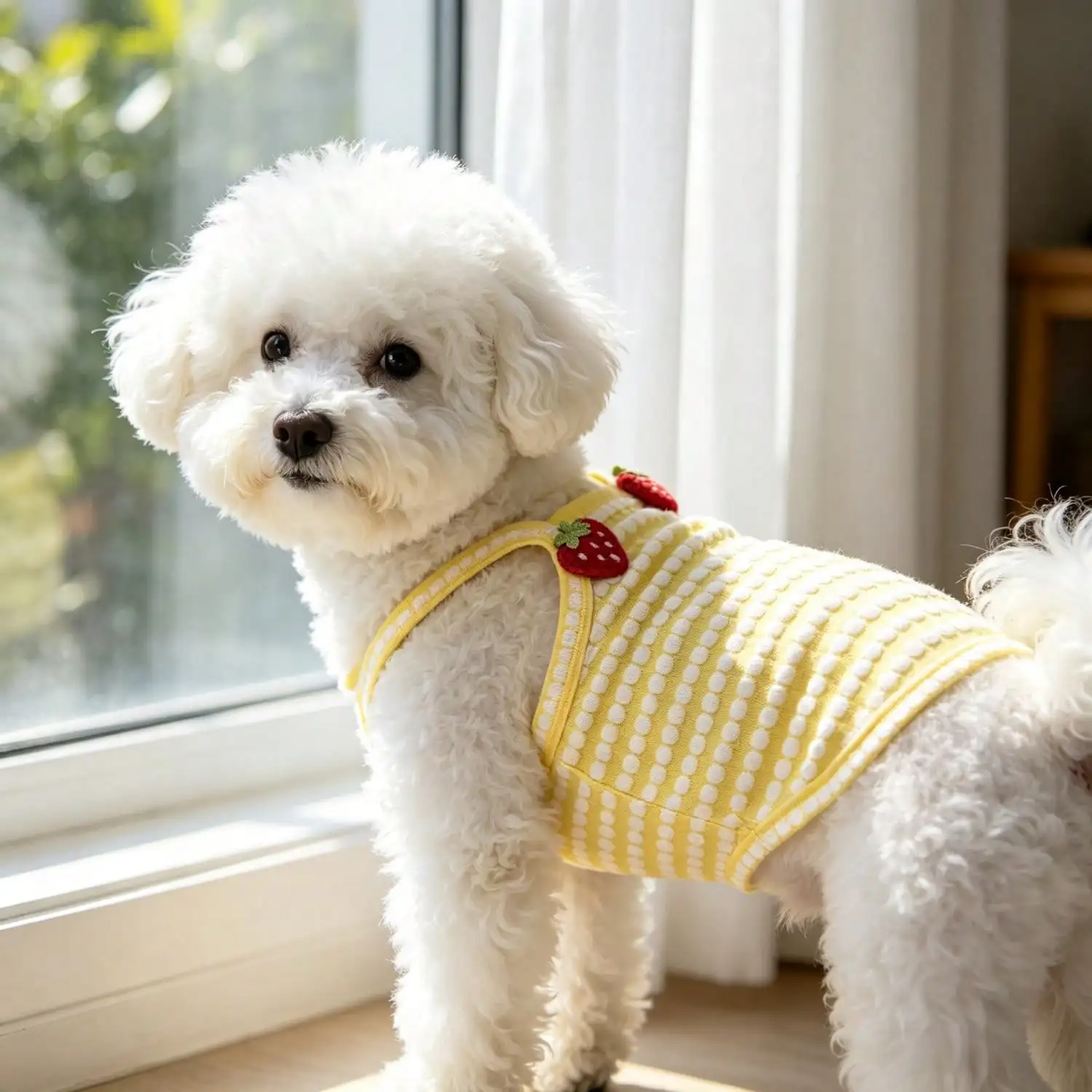 1 Stück gestreiftes Strick-Hundetanktop mit 3D-Frucht-Blumen-Ornament, atmungsaktive Welpenweste für kleine Hunde – Detail 22