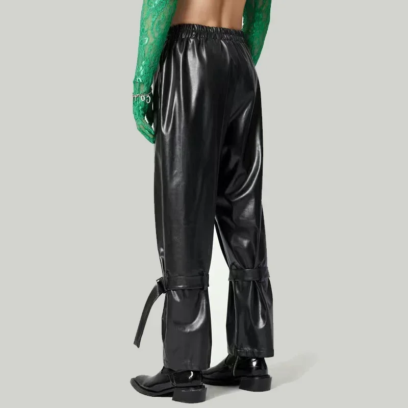 

Мужские брюки из искусственной кожи с талией миди, повседневные свободные прямые брюки, пряжка ремня из искусственной кожи, мужские брюки Cutsom, новинка