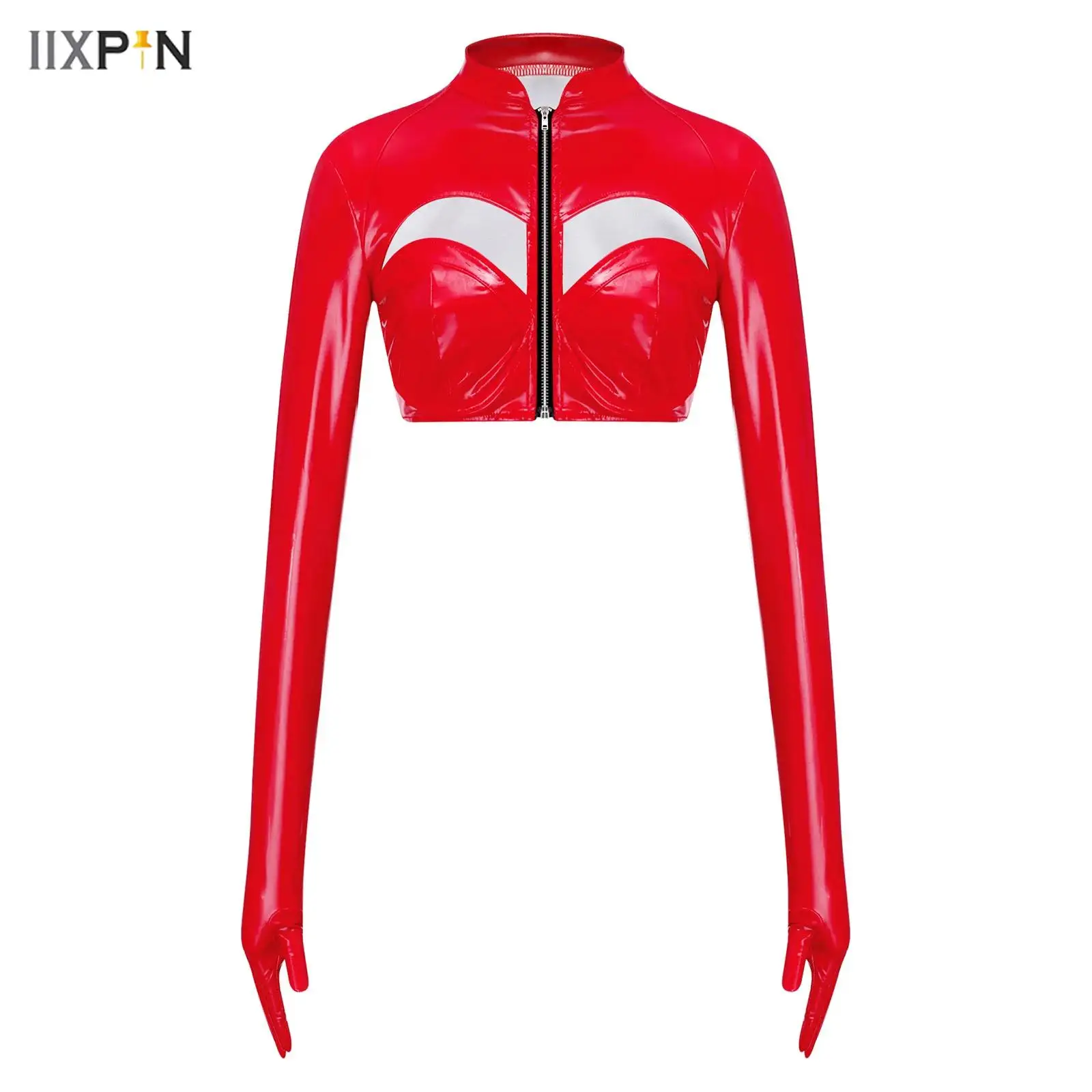 

Adults Women Metallic Glossy Jacket Crop Top Stand Collar One-Piece Gloves Sleeve Chest Hollow-Out Front Zipper Night Clubwear