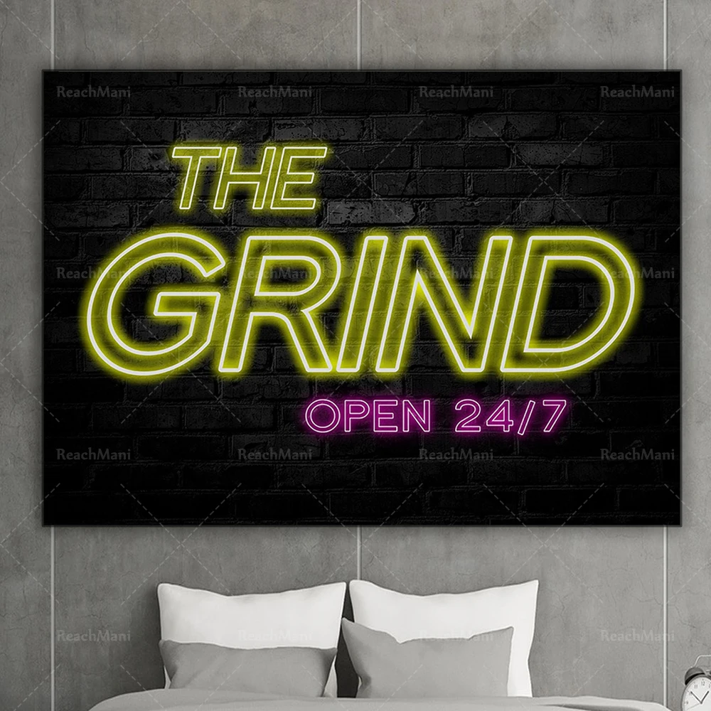 Grande Impression sur Toile « Grind Open 24/7 », Citation Inspirante pour Entrepreneurs : Motivation, Effort, Succès. Décoration Murale pour Bureau.