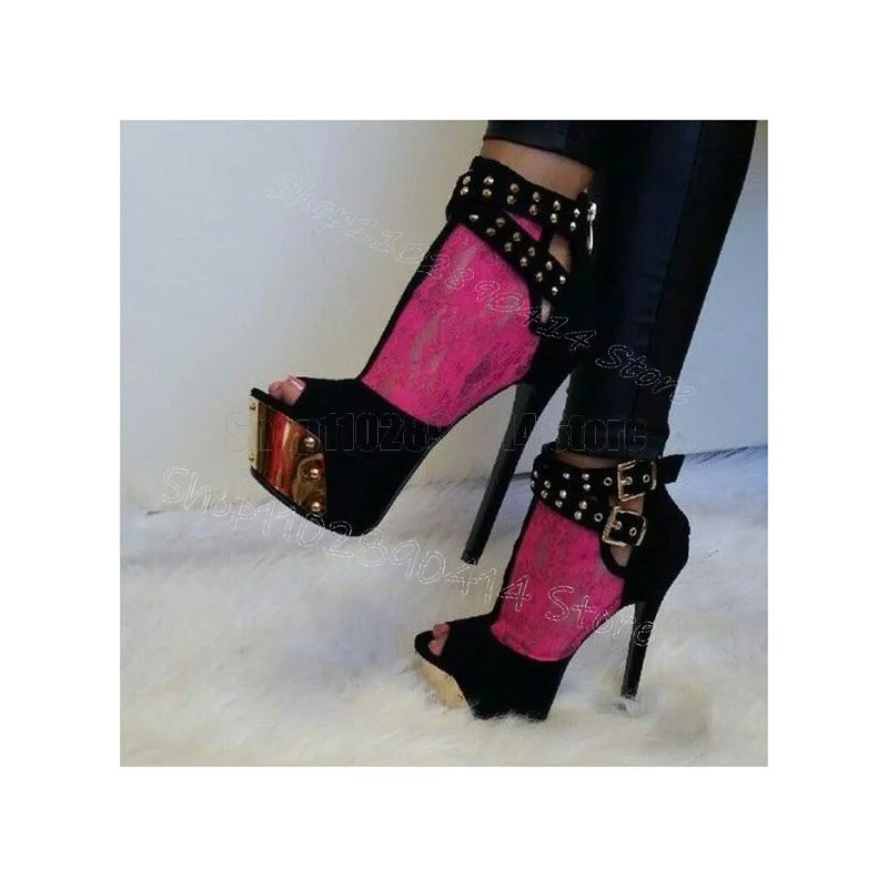 Green Mesh Black Peep Toe Rivets Buckle Sandals Back Zipper Women Shoes Thin High Heels Feast Dating 2026 Zapatos Para Mujere