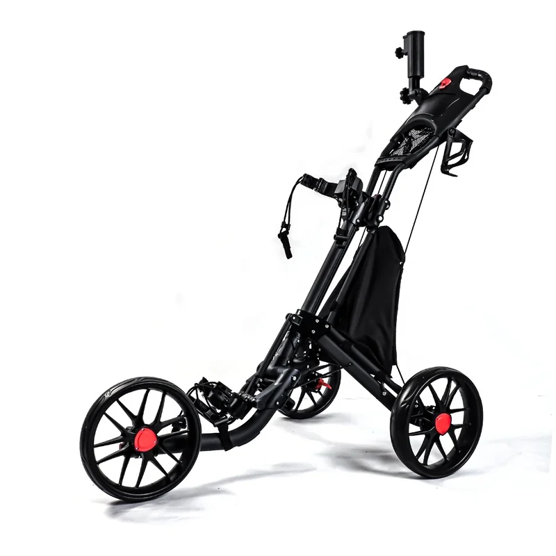 3 Wheel Golf Push Trolley Wholesale Foldable Hand Pull Golf Cart Trolley With Foot Brake And Umbrella Holder