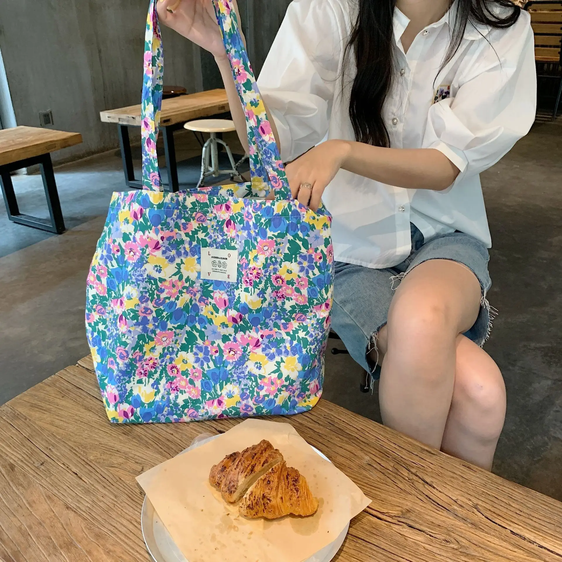 Borse a tracolla da donna con fiore Vintage borsa per la spesa in tessuto sottile Casual borsa per la spesa da donna borsa per studenti per ragazze