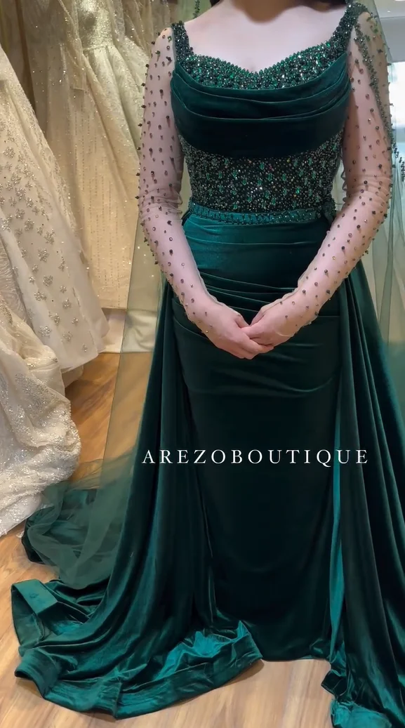 

FATAPAESE Вечернее платье по индивидуальному заказу с прозрачными рукавами и бисером и бархатным сердечником Атласная макси-юбка с вырезом в форме полотенца Специальная одежда