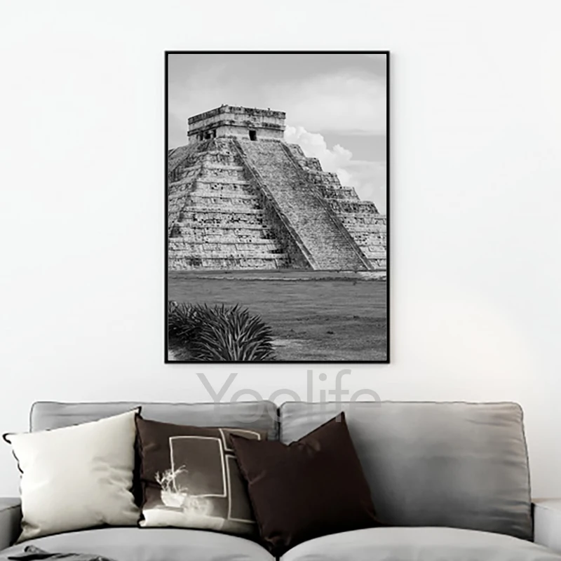 CHICHEN ITZA المكسيك طباعة أبيض وأسود التصوير المشارك تينوم يوكاتان المايا جدار الفن المكسيكي نمط قماش اللوحة ديكور