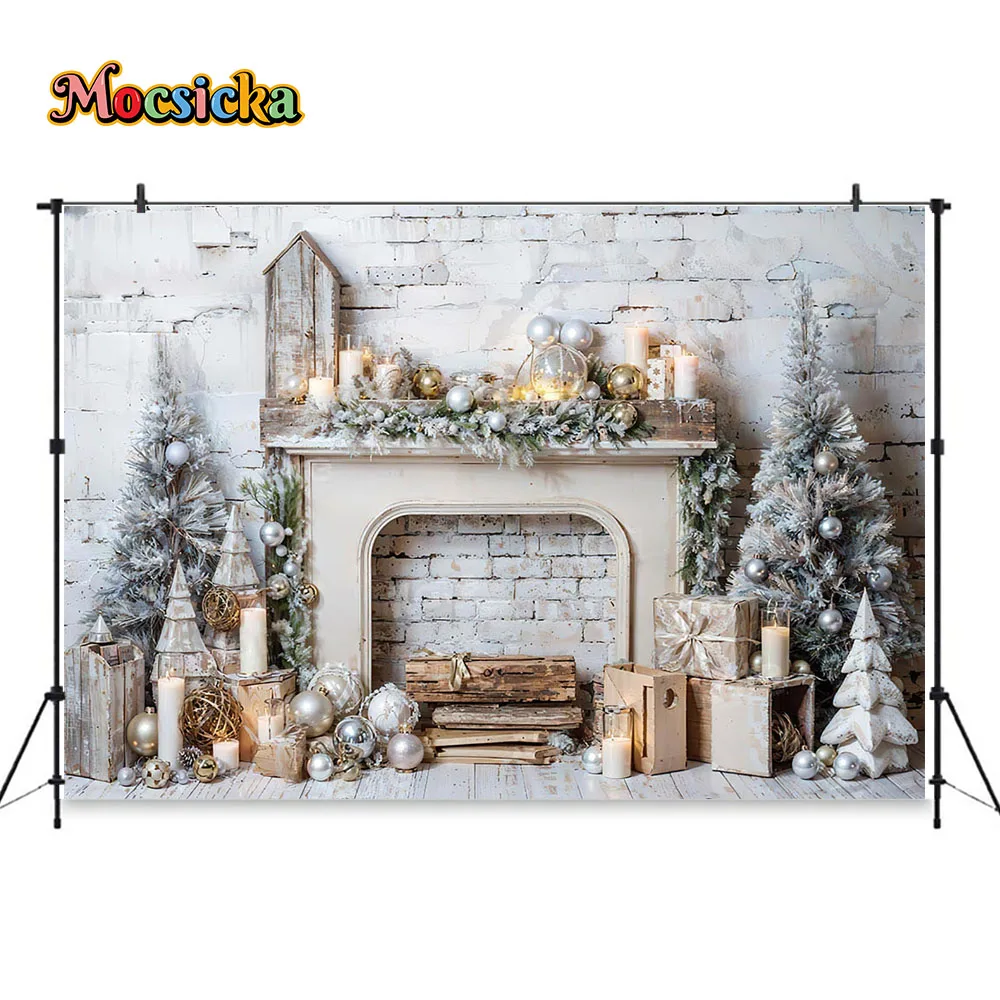 Fondo de chimenea blanca Retro para fotografía de navidad, regalos de árbol de Navidad, vela, pared de ladrillo, decoración de fiesta familiar de vacaciones