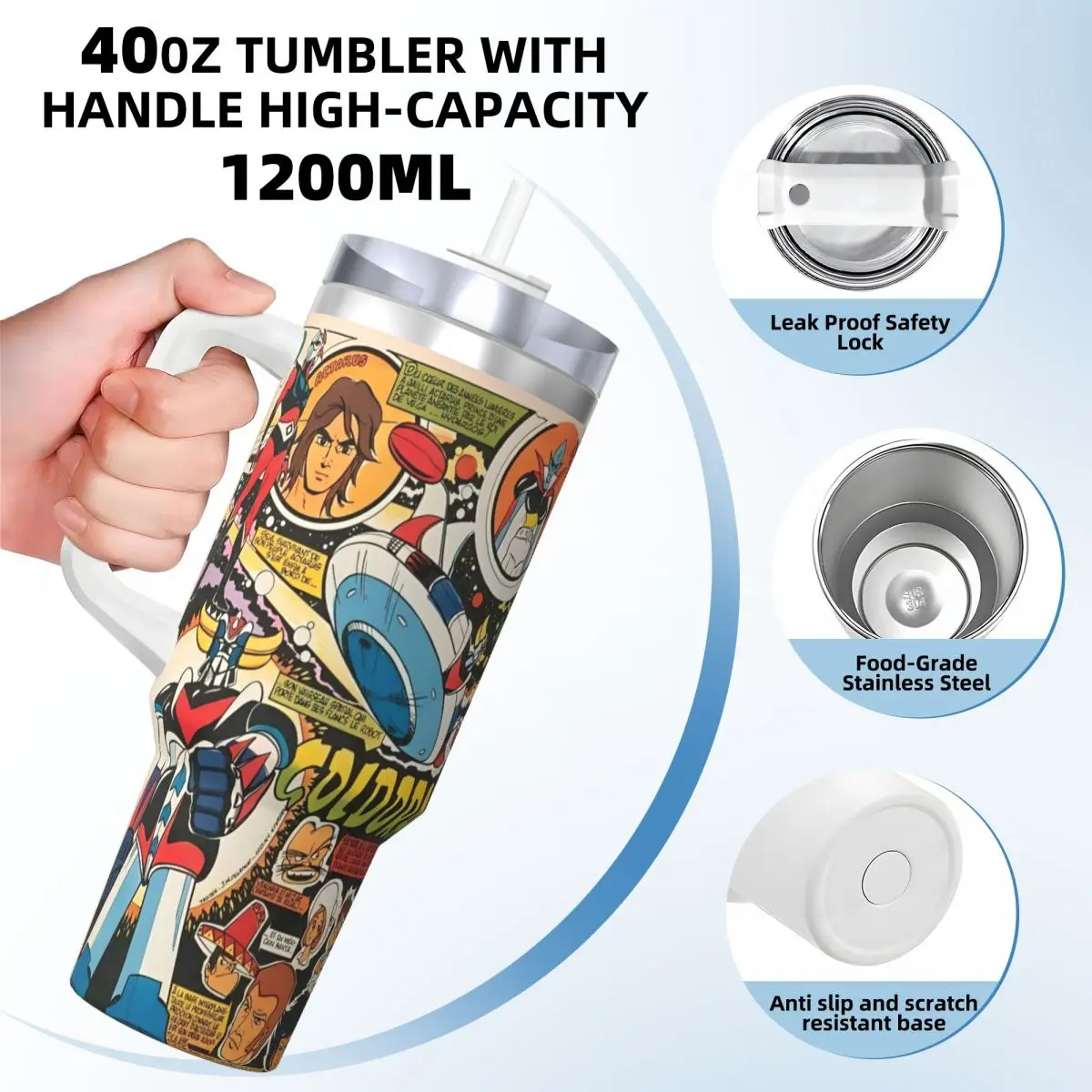 Goldoraks UFO Robot Grendizers Stainless Steel Driving Thermal Cups With Straws and Lid Large Car Mugs Cold Drink Water Bottle