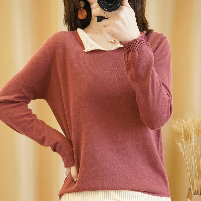 Women's Pullovers Autumn/Spring New 100% Cotton Sweaters Casual Patchwork Knitwear Ladies' Tops Loose V-Neck Basics Blouse